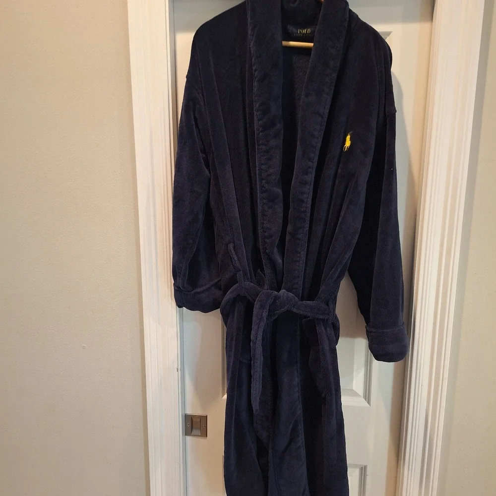 Polo Ralph Lauren Robe Men One Size Navy Blue Fleece Yellow Pony Logo Loungewear